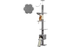 PEQULTI Cat Tree Floor to Ceiling, Tall Cat Tower, Adjustable Height (83''-108'') 5 Tiers Climbing Tree for Indoor Cats with Cat Condo, Scratching Post and Ladder, Grey