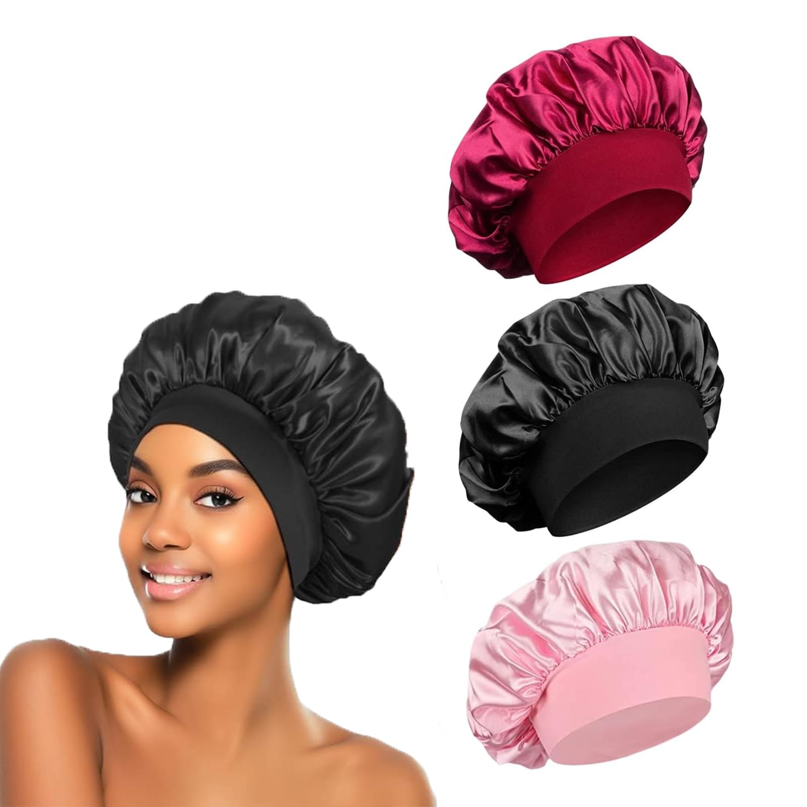 3Pcs Hair Bonnet for Sleeping, Wide Elastic Band Satin Bonnet Silk Bonnet Shower Cap for Girls Makeup Hair Care Elastic Hat Soft Sleep Cap Satin Head Cover for Night Sleep Curly Hair Protection