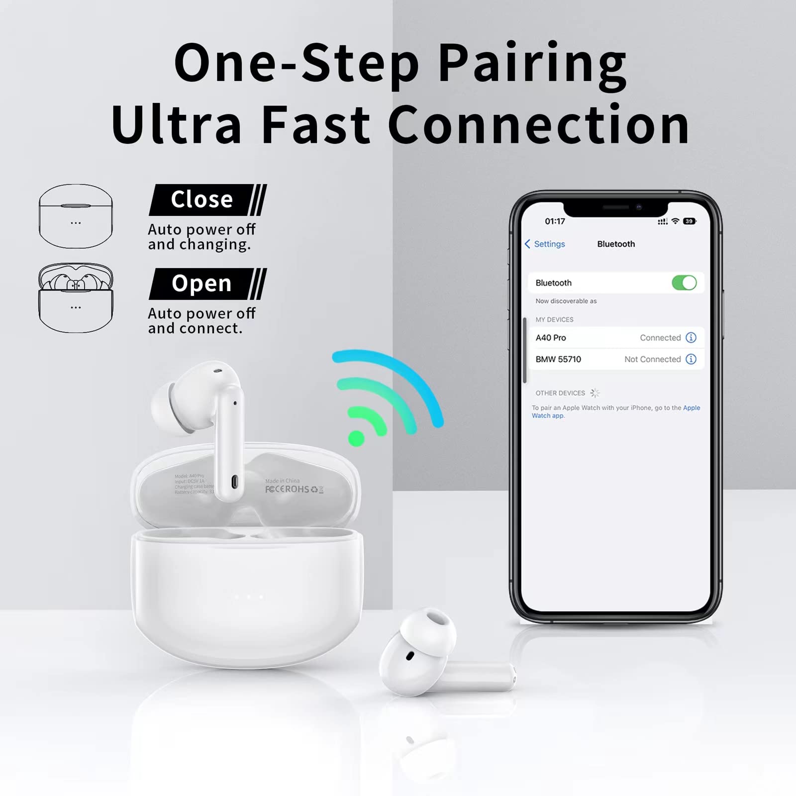 A40 Pro Wireless Earbuds, 50Hrs Playtime Bluetooth Earbuds Built in Noise Cancellation Mic with Charging Case, Bluetooth Headphones with Stereo Sound, IPX7 Waterproof Ear Buds for Phone