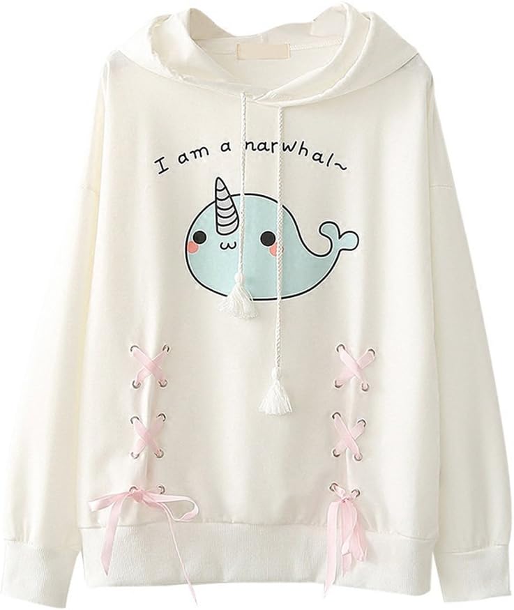 Women Girls Autumn Kawaii Long Sleeve Pullover Fleece Fish Comic Prints Sweater Tops