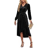 ETOSELL Women's Velvet V Neck Puff Sleeve Dress for Wedding Guest Cocktail Elegant Bodycon Party Midi Dress