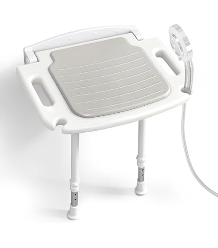 UrEscort Folding Shower Seat, Wall Mounted Bathroom Safety Stool Chair With Support Legs, Foldable Wall Wood Shower Bench For Seniors (White - View #3