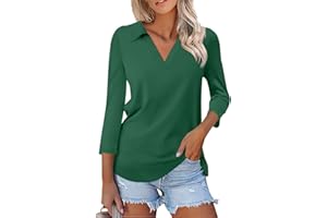 XIAXOGOOL Women's 3/4 Sleeve T Shirts Summer V Neck Polo Shirts Collared Casual Solid Color Basic Tees Blouses