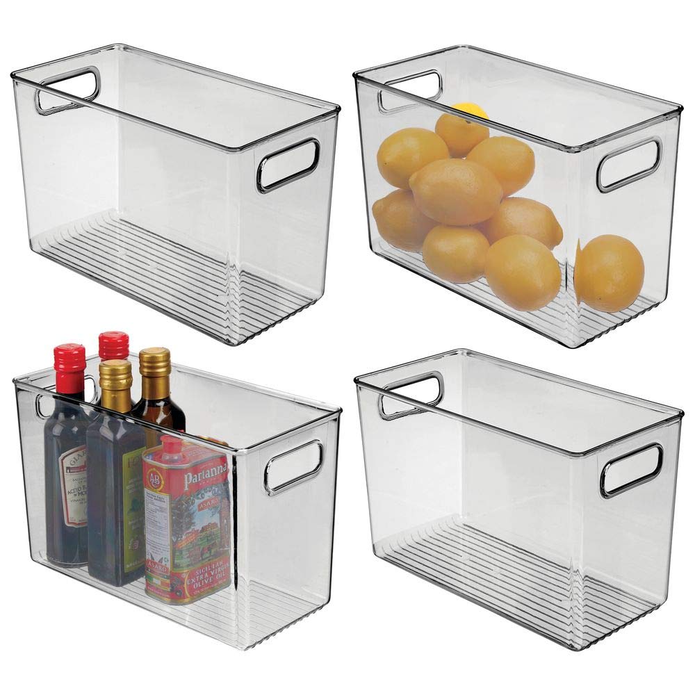 mDesign Plastic Food Storage Container Bin with Handles - for Kitchen, Pantry, Cabinet, Fridge/Freezer - Narrow for Snacks, Produce, Vegetables, Pasta - BPA Free, Food Safe - 4 Pack, Smoke Gray