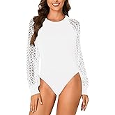 LYANER Women's Crew Neck Bodysuit Lace Hollow Out Long Sleeve Slim Fit Stretchy Leotards Tops