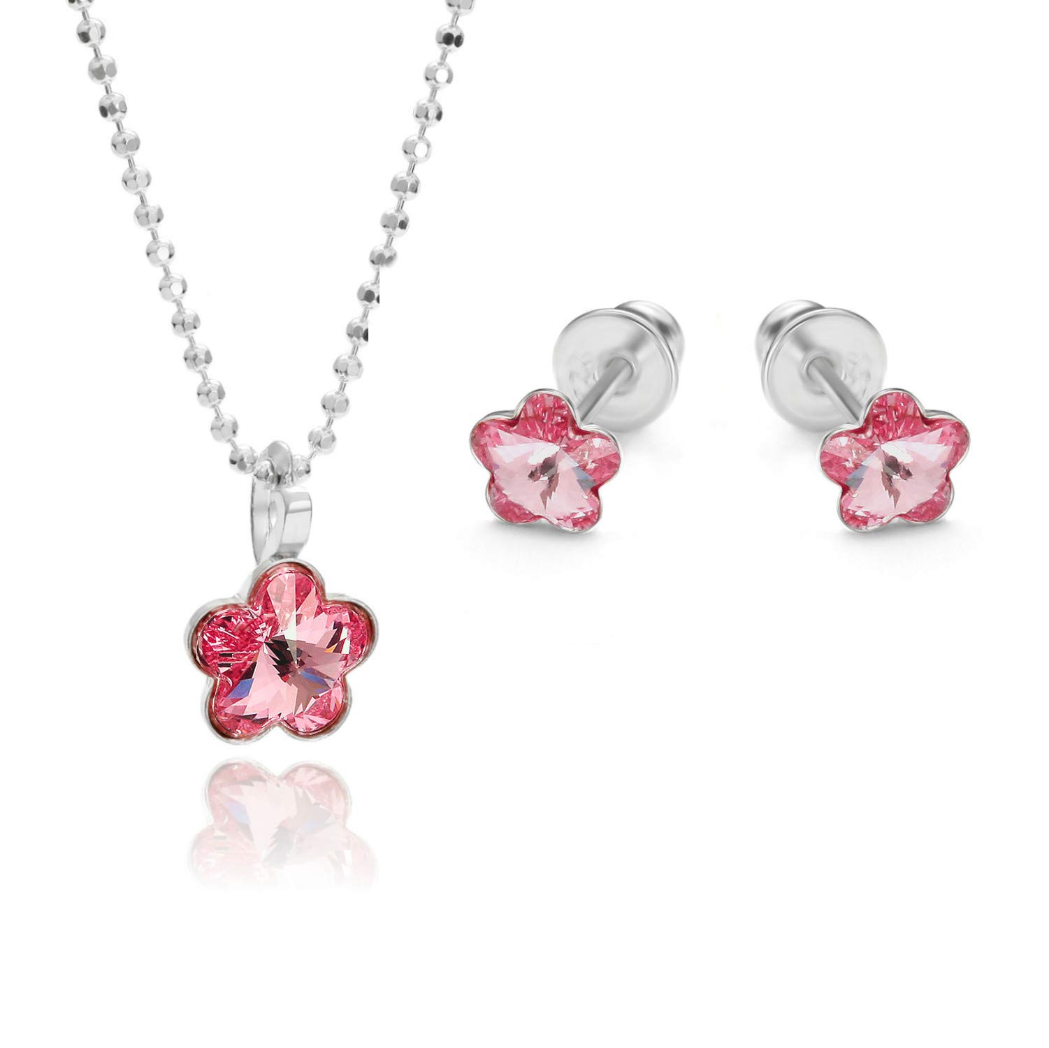 Butterfly Sterling Silver Childrens Jewelry Set With Adjustable Ball Chain And Floral Pendants