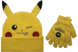 Pokemon Big Face Pikachu Wink Kids Beanie With Ears And Gloves Set