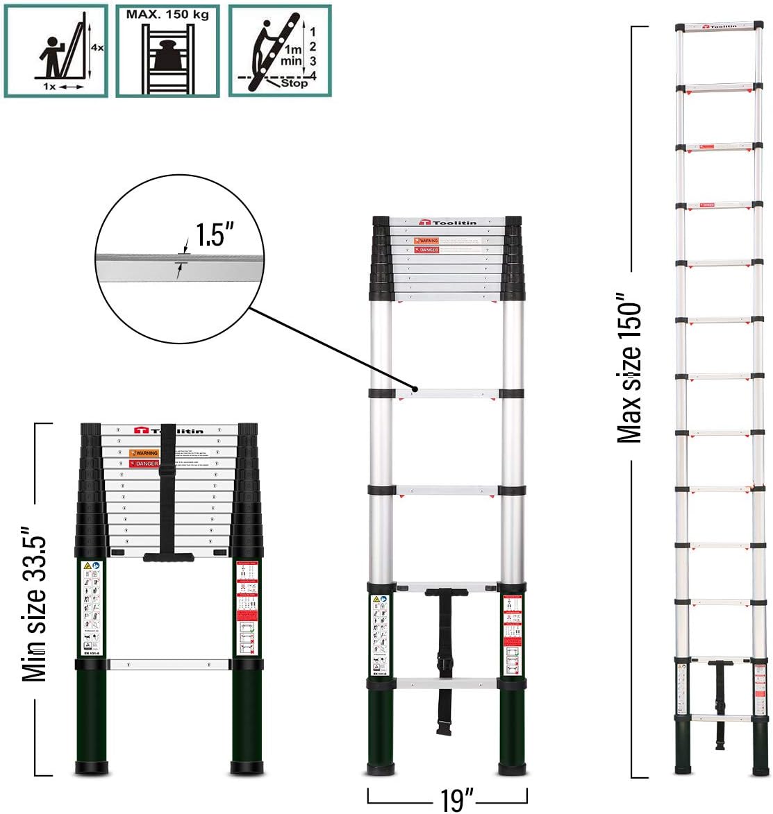 TOOLITIN Telescoping Ladder, 12.5 FT One Button Retraction Aluminum Telescopic Extension Ladder, Slow Down Design Extendable Ladders Portable Best for Household Daily or RV Work, 330 Pound Capacity… - - 