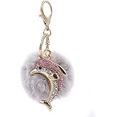 surell Sparkly Bling Pink Dolphin Keychain with Faux Fur Pom - Big Fluffy Pompom Keychain - Grey Pink Dolphin Charm