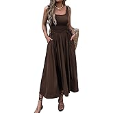Mieazom Women’s Boho Summer Maxi Dress with Pockets, Adjustable Waist, Sleeveless Casual Ruched Sundress for Beach Vacation