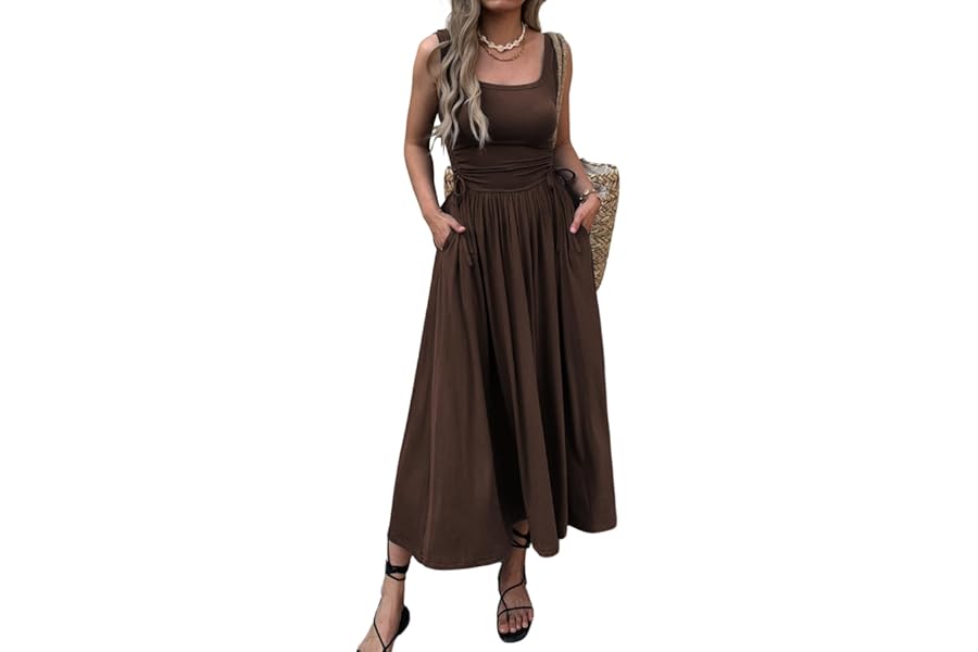 Mieazom Women’s Boho Summer Maxi Dress with Pockets, Adjustable Waist, Sleeveless Casual Ruched Sundress for Beach Vacation