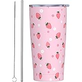JASROTAO Strawberry Flower Tumblers, Pink Strawberry 20oz Stainless Steel Insulated Travel Tumblers,Travel Coffee Mug with Lid and Straw Cups Gifts for Women Men