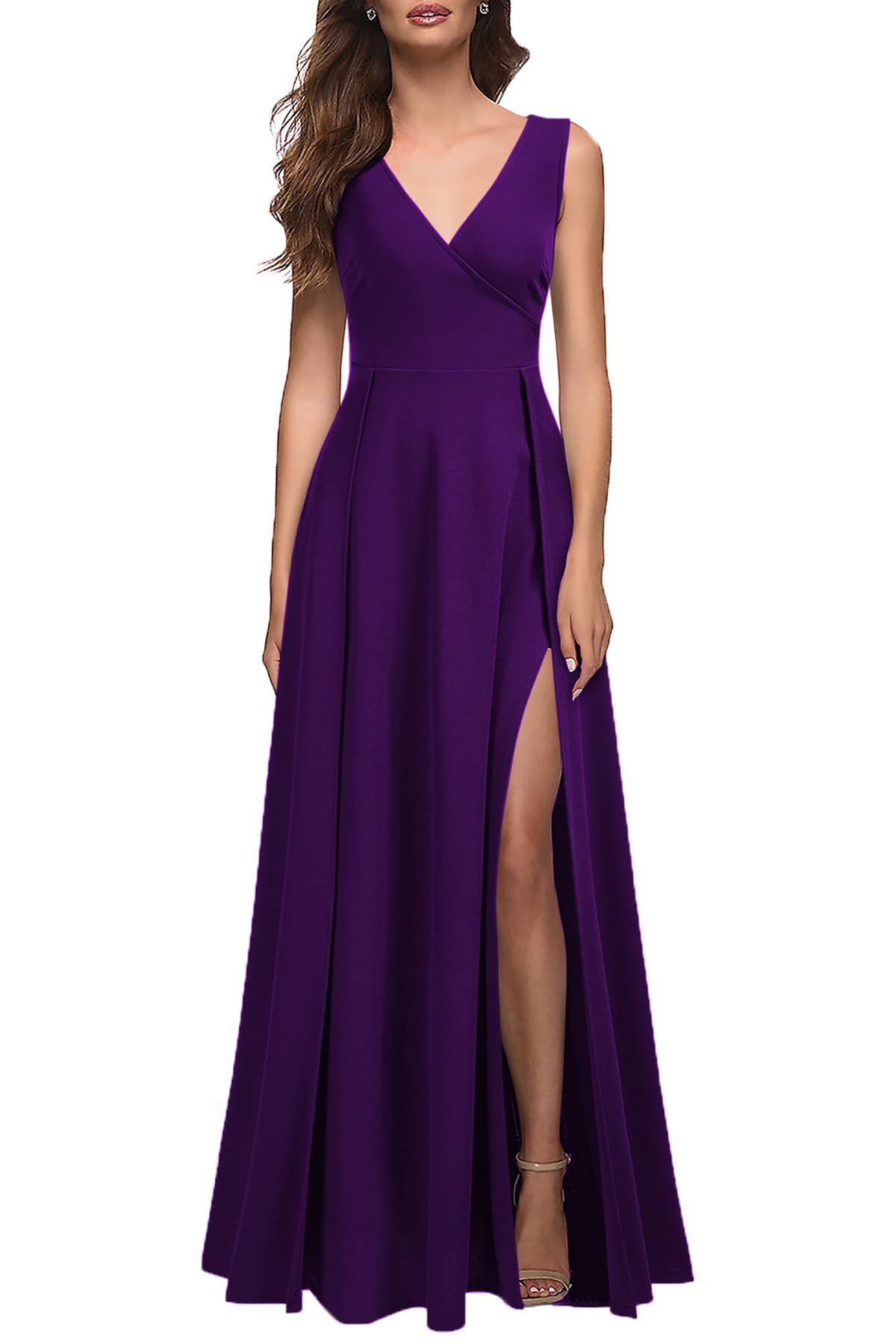 MUSHARE Women's V Neck Sleeveless Split Formal