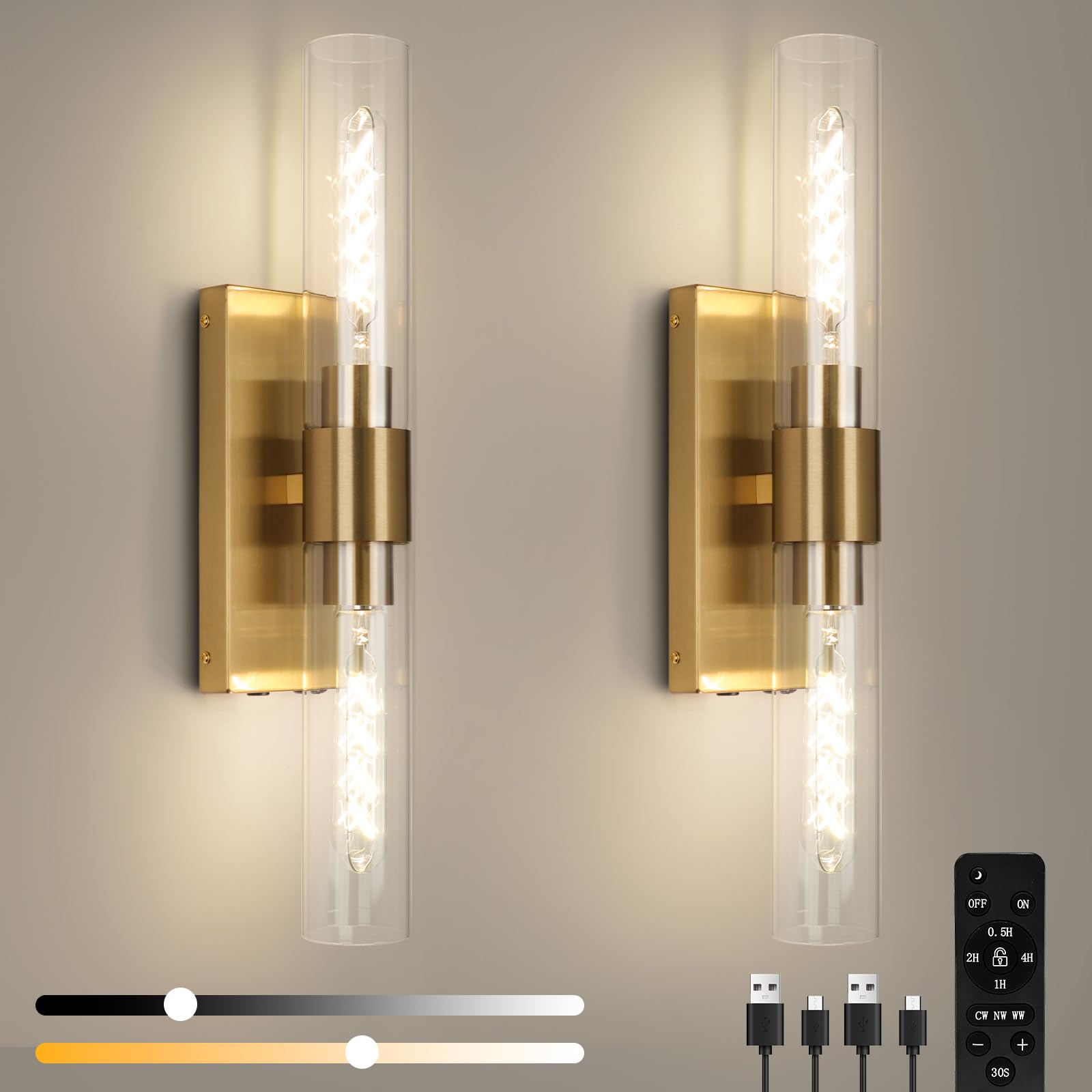 Photo 1 of EIDEARAY Battery Operated Wall Sconce Set of Two, Rechargeable Wall Sconce, Gold Wall Lamp with Remote Controls, Indoor Non-Hardwired Bedside Wall Sconces, Gold Vanity Light for Bedroom, Hallway, etc