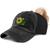 Ponytail Cap Women's Baseball Cap Embroidered Plant Nature Sunflower Border Embroidery Cotton