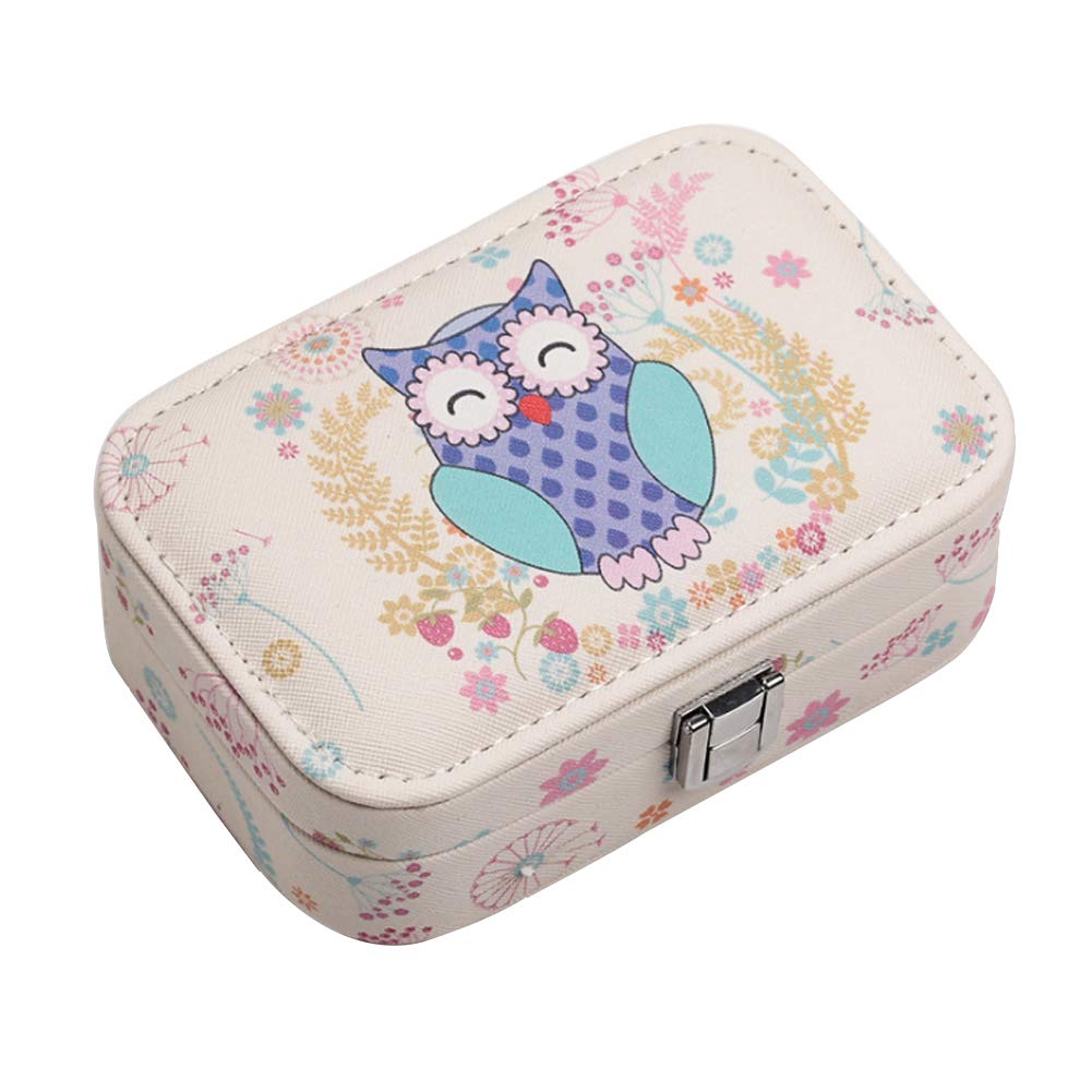 LKMY Jewellery Boxes Small PU Leather Travel Jewelry Box,Built-in Mirror,Makeup and Accessories Lockable Storage Organizer Case for Women Girls’Rings,Earrings,Necklace (Owl B)