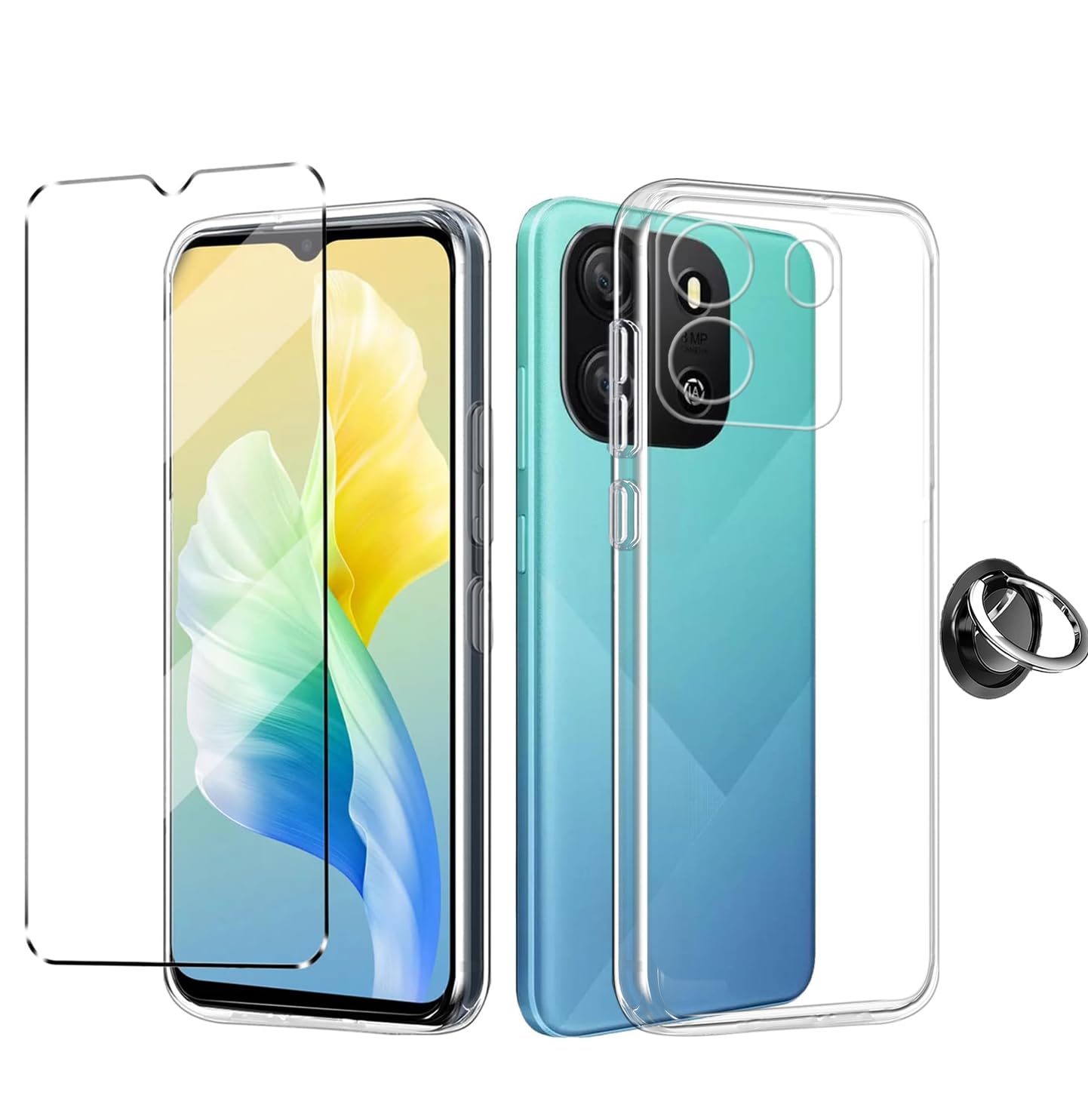 3-in-1 Case + Phone holder Ring Compatible with Oscal Flat 1C Cover with 1 Pack Tempered Glass Screen Protector for Oscal Flat 1C, Slim Fit Soft TPU Shockproof Anti-Scratch Phone Case Cover - Clear