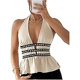 MakeMeChic Women's Y2K Deep V Neck Halter Tops Open Back Rivet Ruffle Hem Sleeveless Tank
