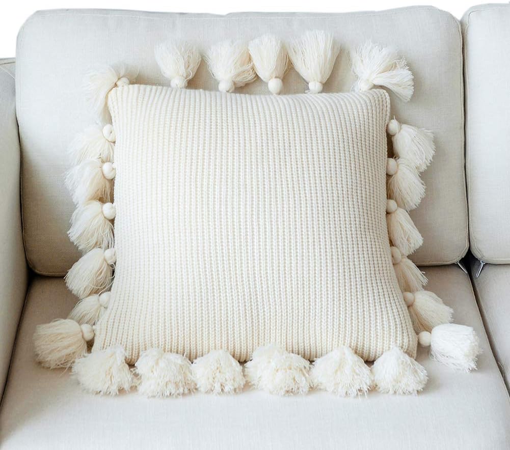 LakeMono Knitted Throw Cushion Covers Decorative Stretchable Pillow Case with Lantern Tassels for Living Room/Car/Office (Beige,18” x 18”-20” x 20”)