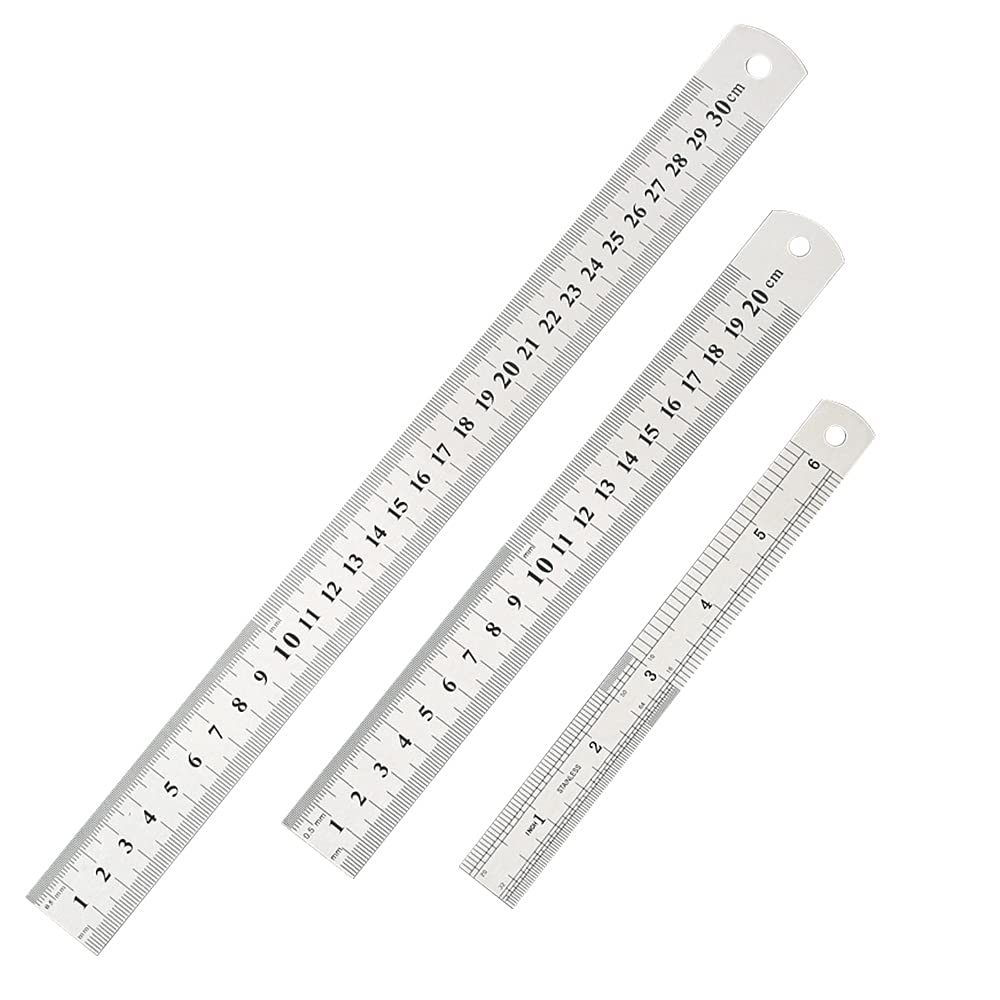 LongZYU 3 x Stainless Steel Rulers, Metal Ruler, Double Scale, Edge Measuring Tool, Including 15 cm / 20 cm (8 Inches) / 30 cm (8 Inch) Precision Edge Steel Ruler for Engineering Teaching Office