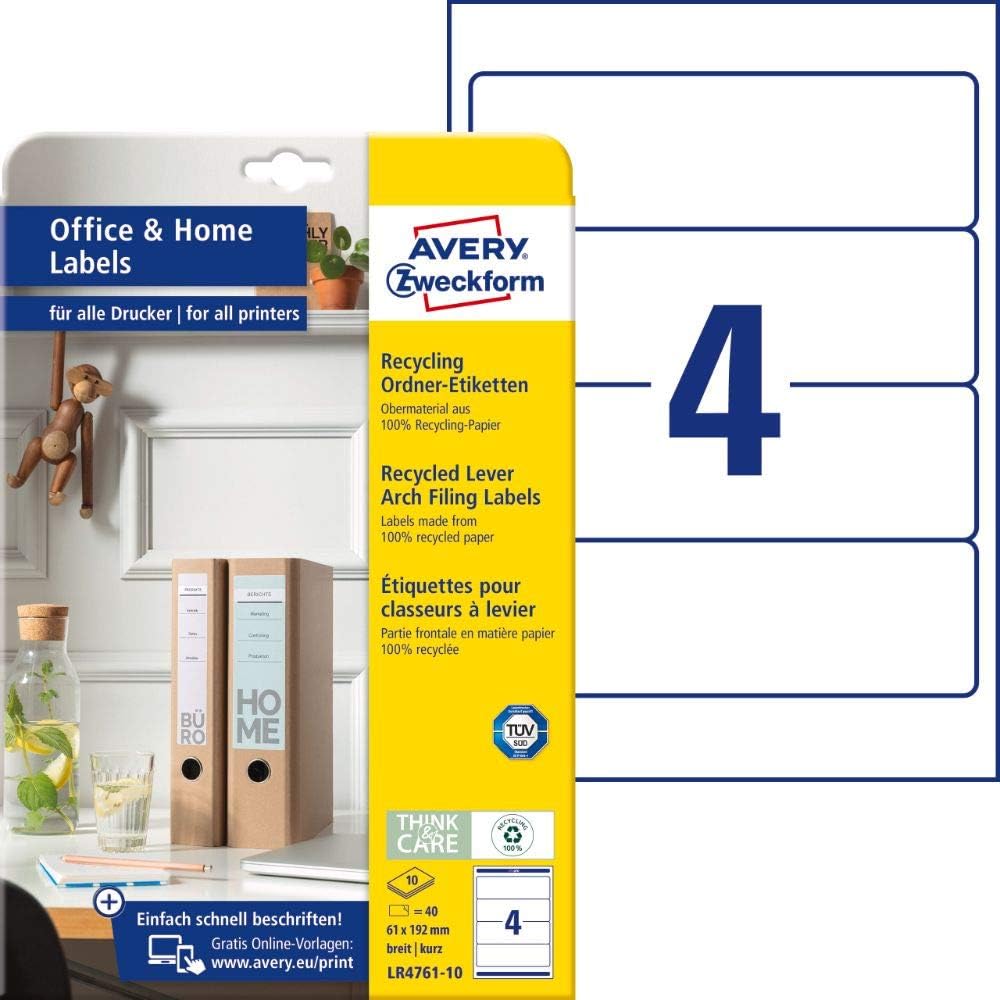 AVERY Zweckform LR4761-10 Recycled Folder Spine Labels 40 Spine Labels 61 x 192 mm on A4 100% Recycled Paper Wide/Short Self-Adhesive Printable Folder Labels 10 Sheets Natural White