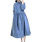 Corduroy Jumper Dress Women Fall Long Sleeve Maxi Babydoll Dress Button Down Casual A-Line Swing Long Shirt Dresses