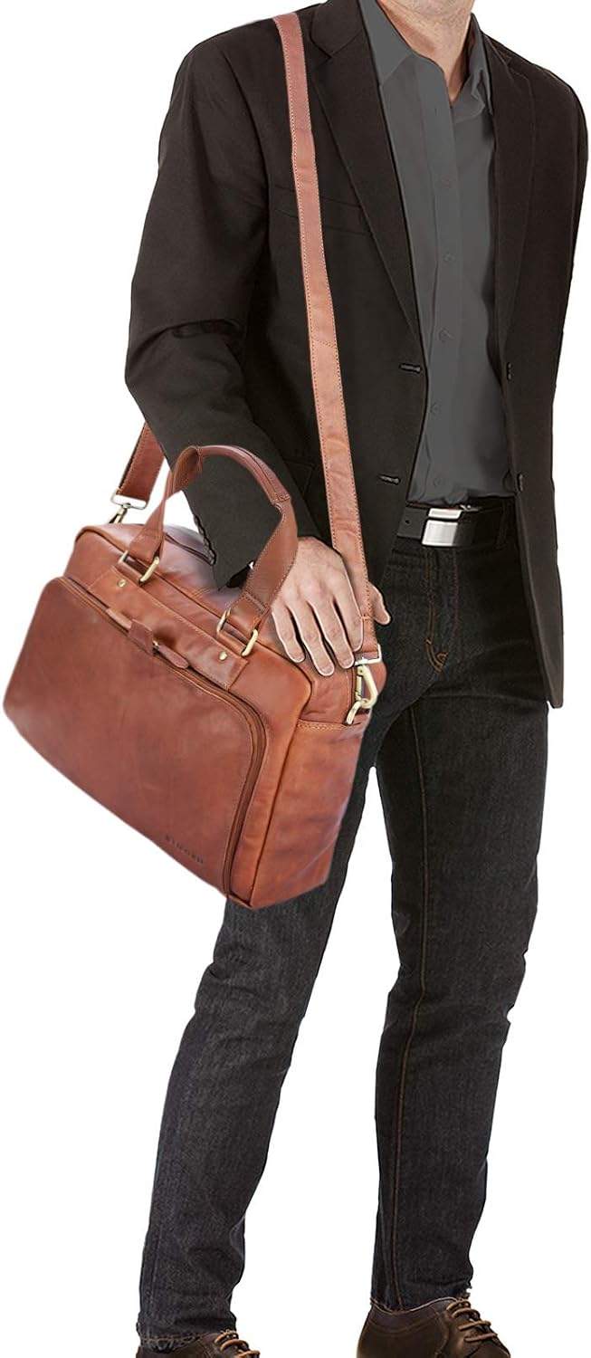 STILORD "Jon" Vintage Shoulder Bag Leather Men Women Laptop Bag 15.6 inch A4 for Work University Business Briefcase in Genuine Buffalo Leather Colour:Cognac-Brown - Image 3