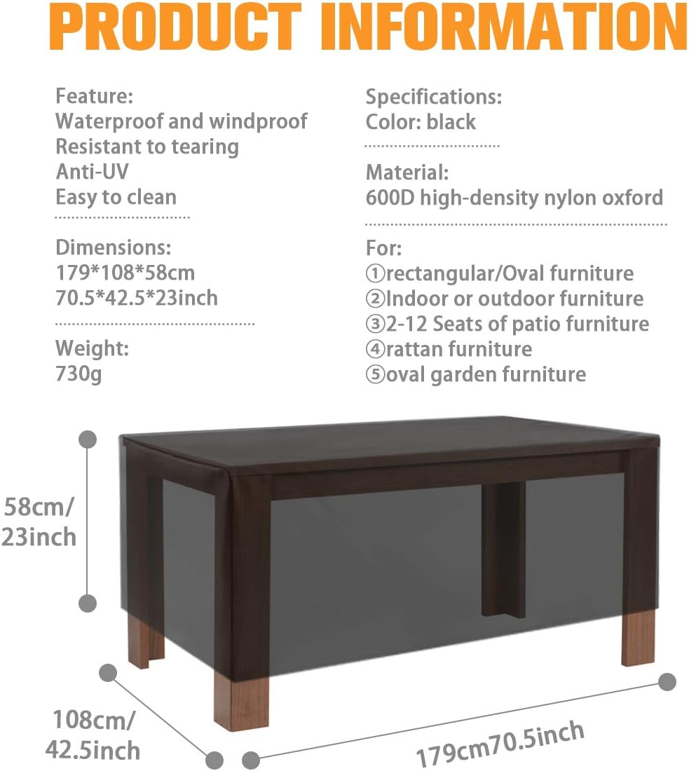 NASUM Patio Furniture Covers, 71x42x23inch, Outdoor Furniture Cover Made of 600D Heavy Duty Oxford Fabric,Waterproof Windproof Table Cover, Rain Snow Dust Wind-Proof, Anti-UV, Black Patio Square Cover: Kitchen & Dining