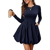 Meetjen Women's Long Sleeve Bubble Dress Short Fall Crew Neck High Waist Mini Cocktail Party Dresses with Pockets