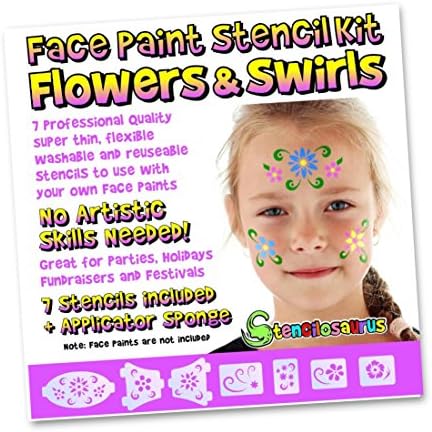 Face Paint Stencil Kit Flowers &amp; Swirls SO EASY! NO ARTISTIC SKILLS NEEDED! 6 Professional Quality Super Thin Flexible Washable Reusable Stencils with Sponge (Note: Face / Tattoo paint not included)