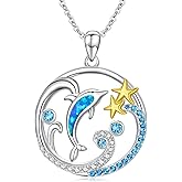 POTOPYY Dolphin Necklace Valentines Day Gifts for Her S925 Sterling Silver Jewelry Opal Dolphin Pendant Ocean Wave Necklace Jewelry Gifts for Women Her Mom Girlfriend, 18+2 Inch