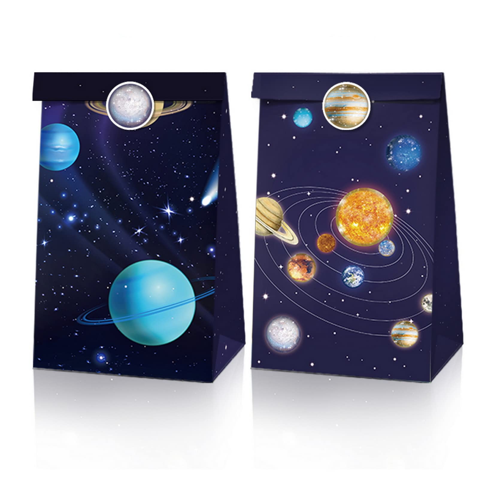 12Pack Outer Space Party Favor Bags with Stickers - Planet Goodie Paper Treats for Galaxy Themed Birthday Supplies - Recyclable