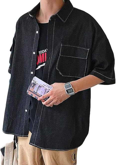 Amazon Zhongjue ジュージェン デニムシャツ メンズ ゆったり シャツ 綿 五分袖 ファッション カジュアルシャツ おしゃれ 無地 トップス ストリート系 夏 シャツ 通販