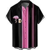 QIVICIMA Men's Retro Bowling Shirts 50s Vintage Button Down Color Block Active Shirts Flamingo Print