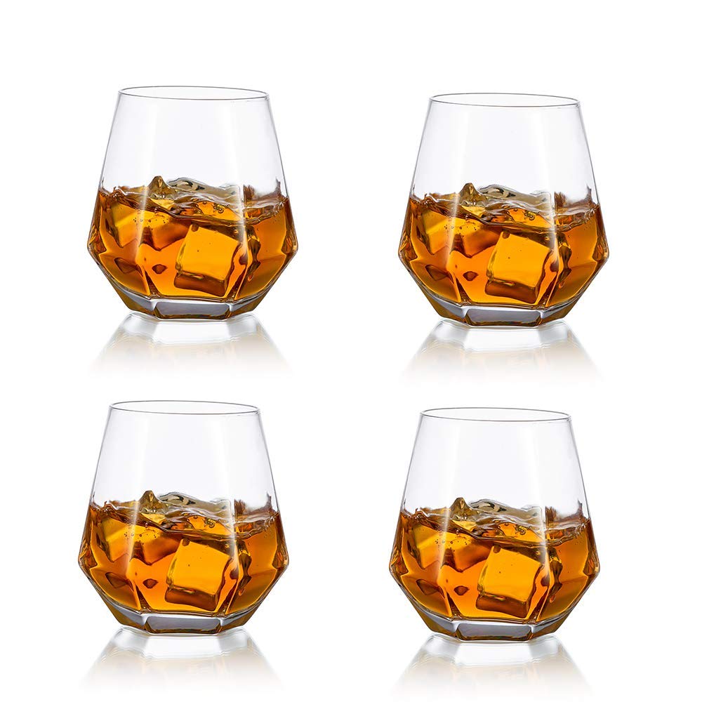 Diamond Whiskey Glasses Set of 4 Water Juice Tumbler Tilted Scotch Glass 300ml Whisky Glass Modern Look Glassware for Bourbon/Rum/Bar Tumbler