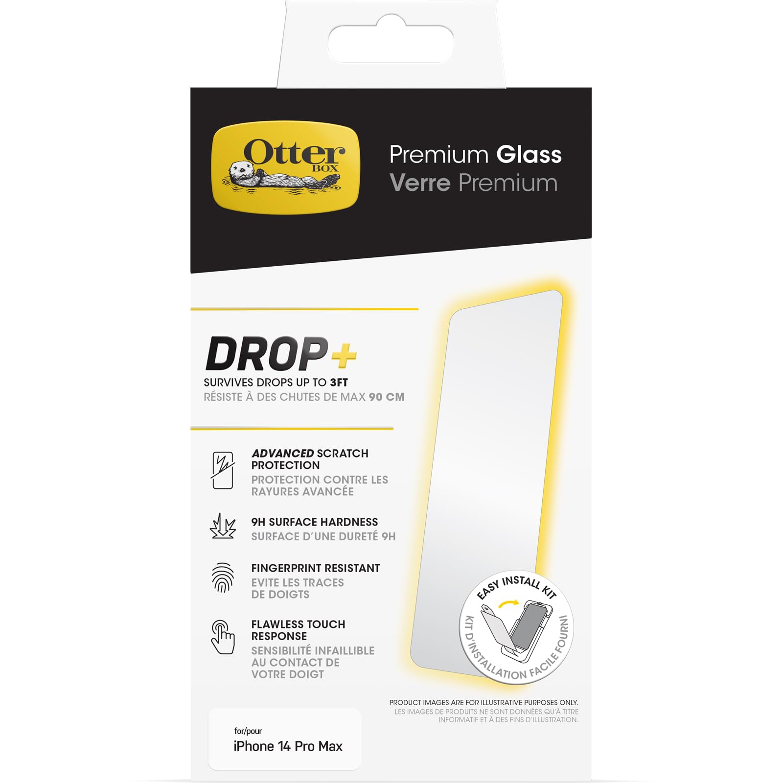 OtterBox Premium Glass Screen Protector for iPhone 14 Pro Max, Tempered Glass, advanced Scratch Protection, Survives Drops up to 3ft, Antimicrobial Protection, Non-Retail Packaging