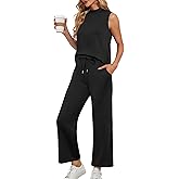 Lepunuo Two Piece Sets for Women Summer Mock Neck Sleeveless Top Crop Wide Leg Pants Lounge Sets Vacation Travel Outfits