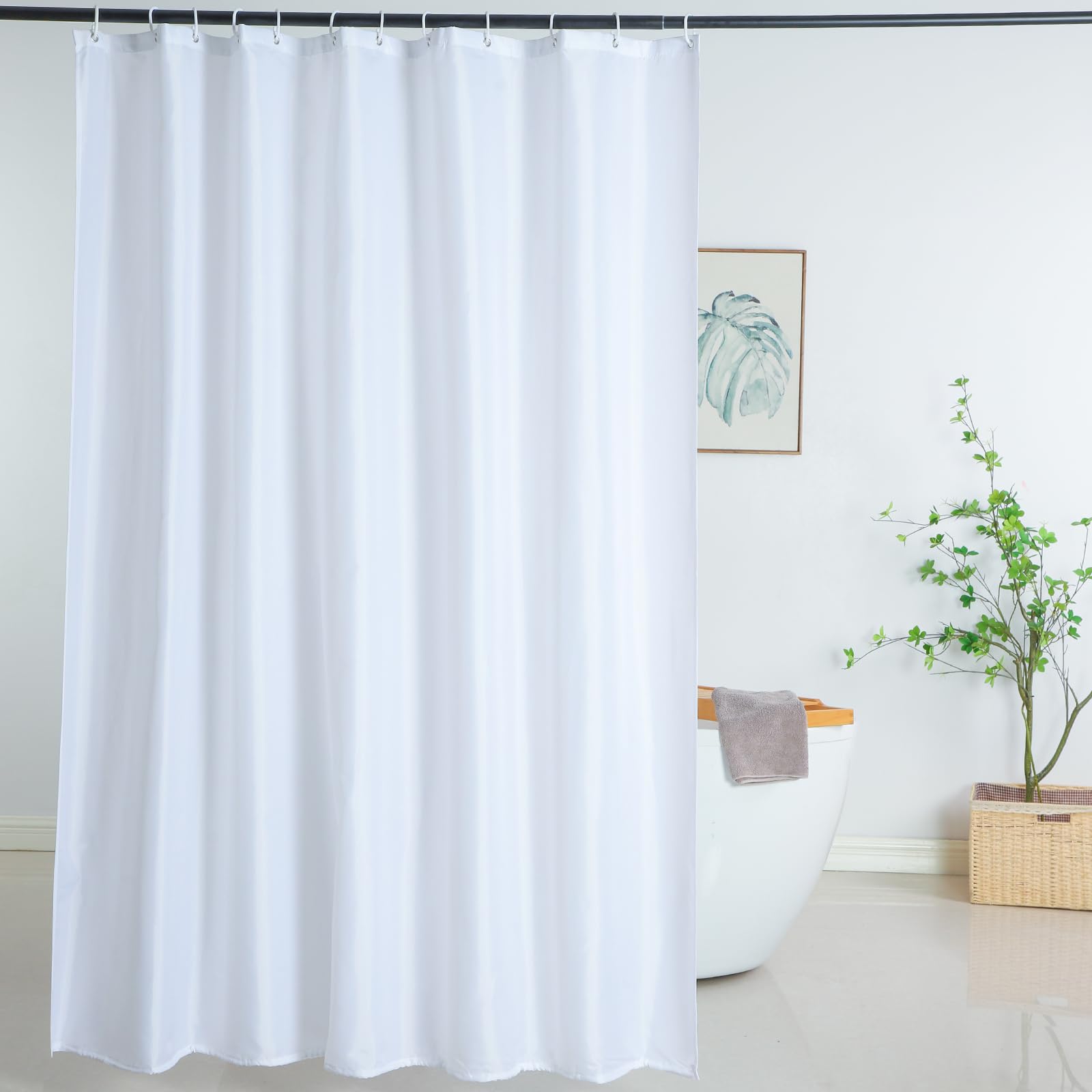 WellColor White Shower Curtain Liner 72 x 74 Inches Long, Water Repellent Polyester Bathroom Fabric Shower Curtains for Spa and Hotel Quality, Machine Washable