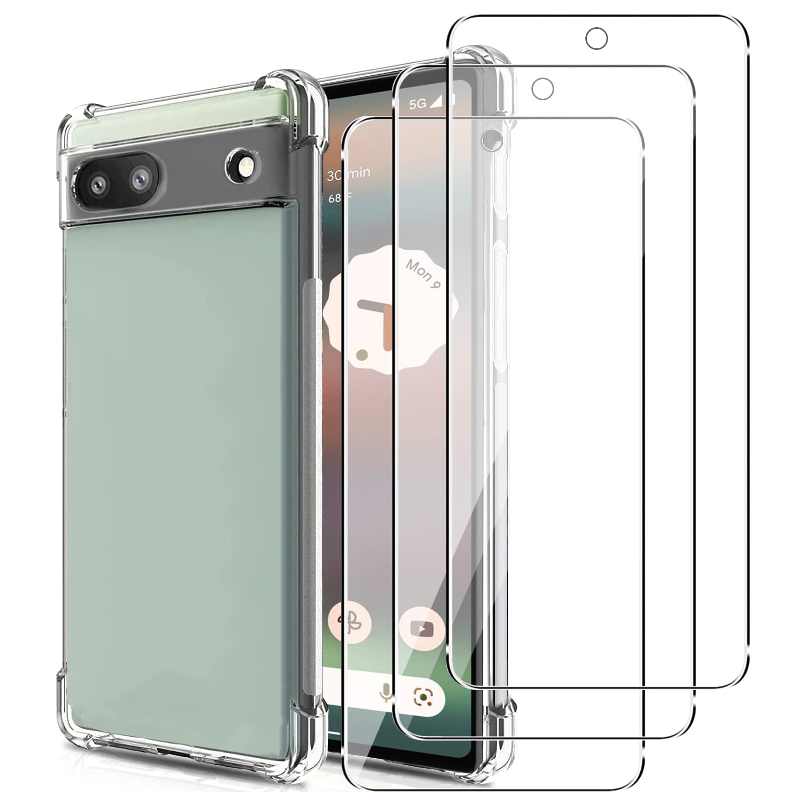KZIOACSH Case for Google Pixel 6A, Ultra Thin Fit Crystal Clear Anti-Scratch Bumper Cover Reinforced Corner Bumpers Shockproof Transparent Phone Case with 3 Tempered Glass Screen Protector