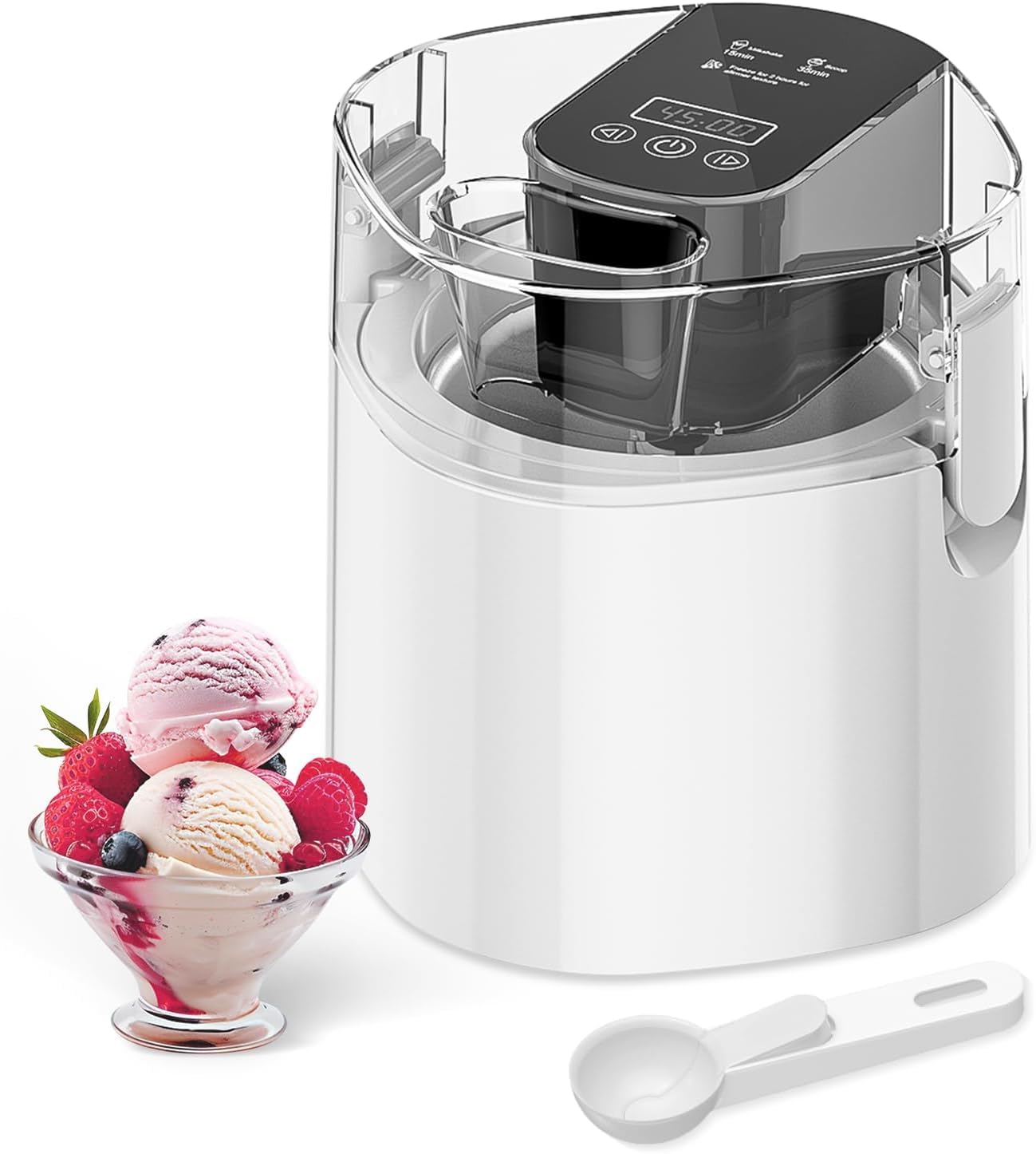 Ice Cream Maker, 1.5-Qt Ice Cream Machine and Frozen Yogurt Machine, 1.5-Qt Insulated Freezer Bowl, LCD Screen and Timer, Quick Results, Easy to Operate and Clean