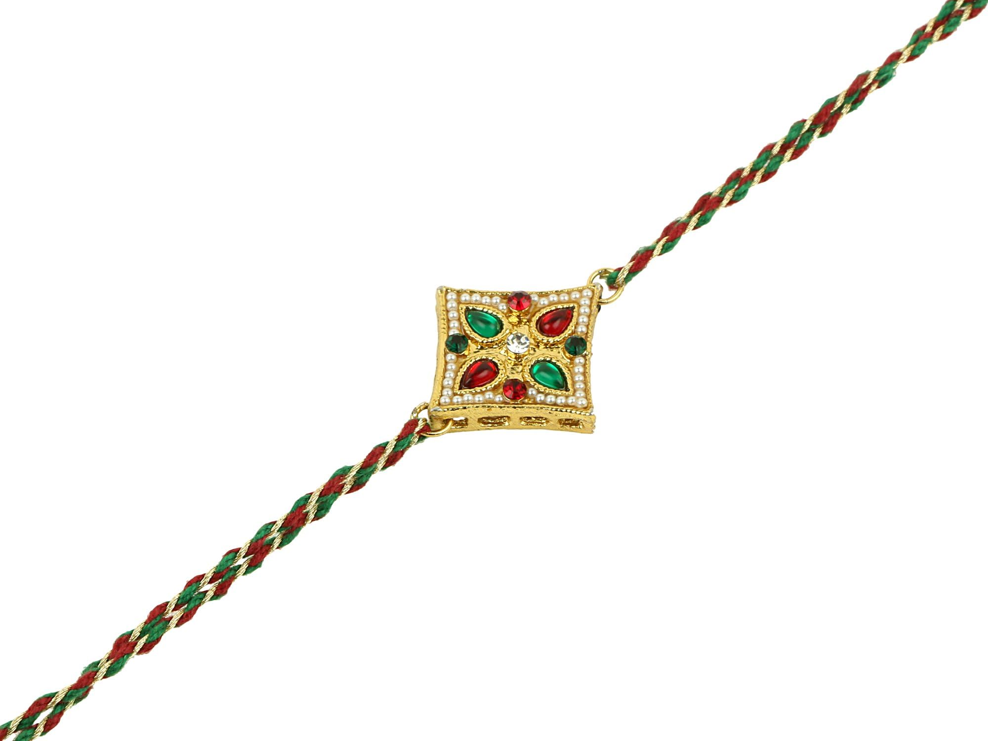 Raksha Bhandan Handmade Rakhi Thread Bracelet with Stones Work Kundan Design Rakhi for Brother Bhaiya