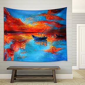 Original Oil Painting of Fishing Boats and Sea on Canvas.Rich Golden Sunset Over Ocean - Fabric Wall Tapestry Home Decor - 51x60 inches