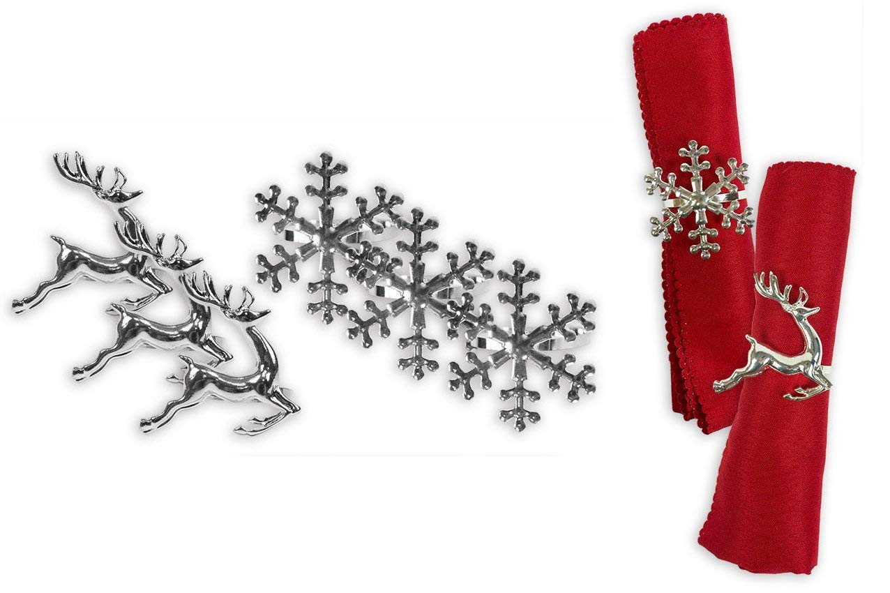 Toyland® Pack Of 6 - Christmas Napkin Holders - 3 Silver Reindeer - 3 Silver Snowflakes - Christmas Tableware