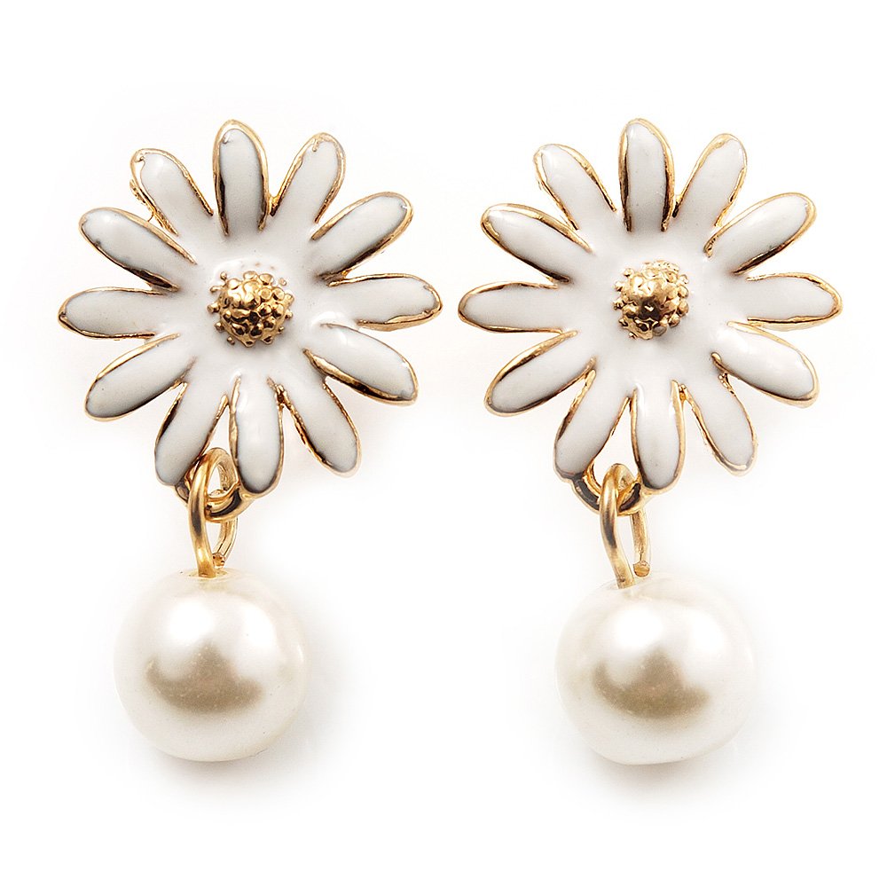 Small White Enamel Flower Stud Earrings (Gold Plated Finish) - 2.5cm Length