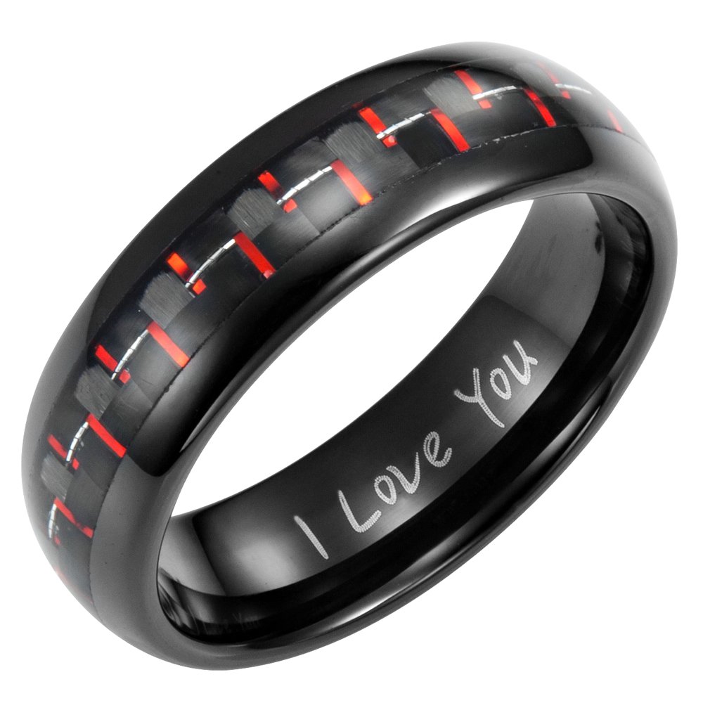 Willis Judd Men's 7mm Tungsten Red Carbon Fibre Ring Engraved I Love You