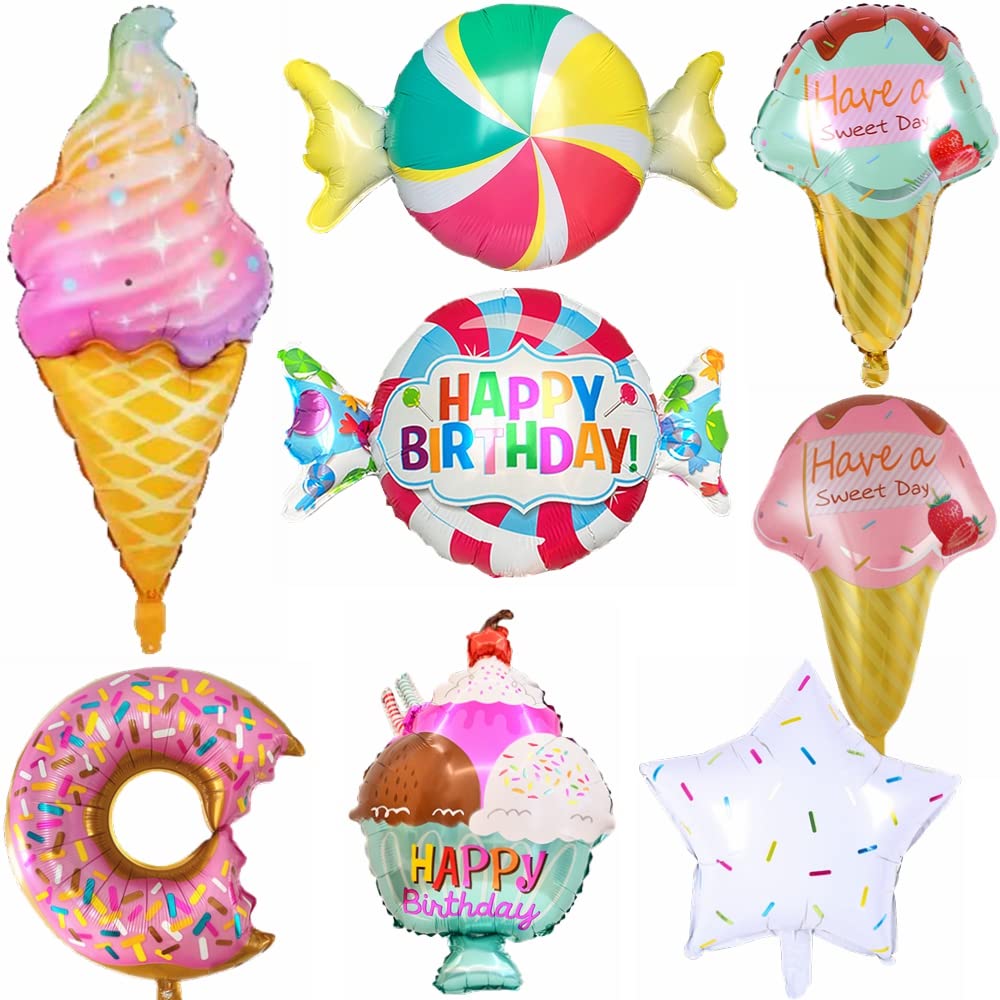 Kiwochy 8PCS Cream Ice Cream Doughnut Balloons - 8 Count Self Sealing Aluminium Foil Balloon Set for Girls & Boys (Infant to Child) Birthday Party Decorations