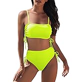 Pink Queen Women's 2 Piece High Waisted Bikini Sets Ribbed Bandeau Ruched Drawstring Swimsuit Bathing Suit