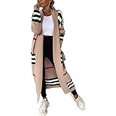 ebossy Women's Vintage Open Front Knit Striped Maxi Long Cardigan Sweater with Pockets