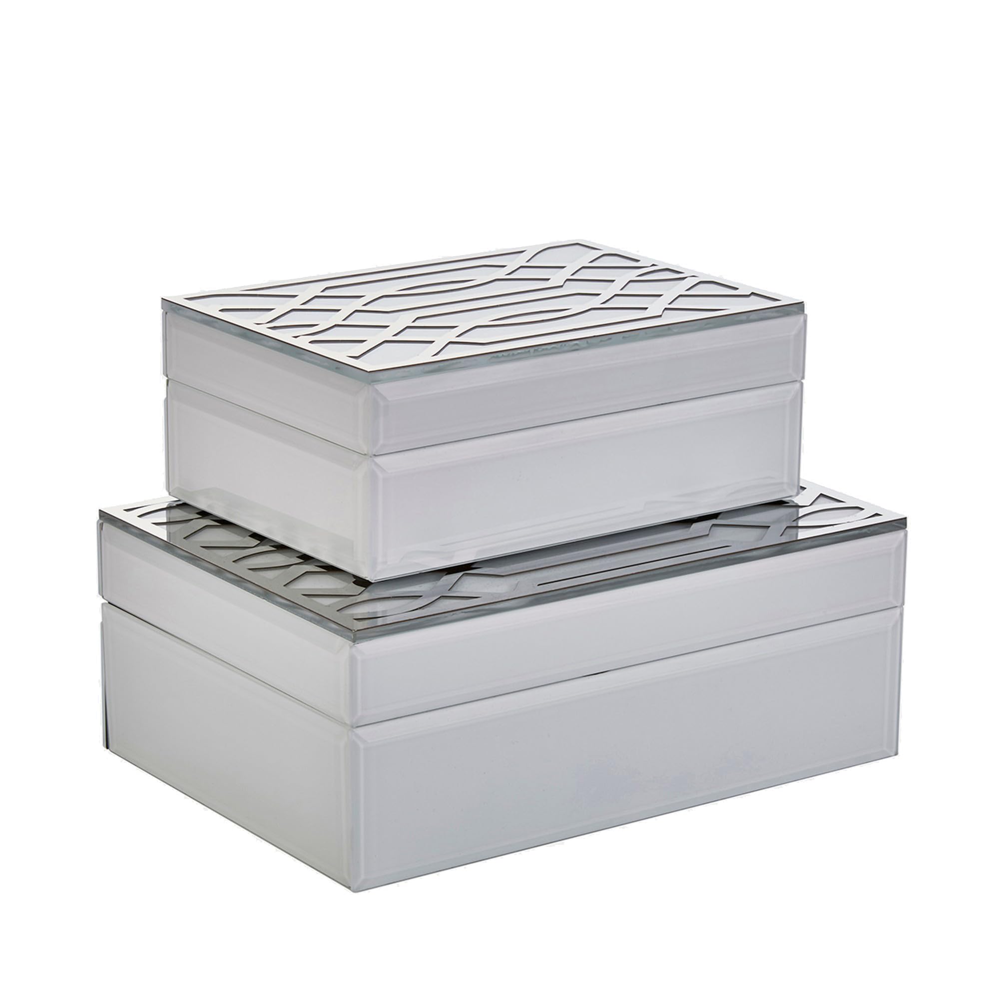 Photo 1 of Benjara Decorative Storage Box Set of 2, Geometric Cutout Patterns, White, Silver, MDF, Metal