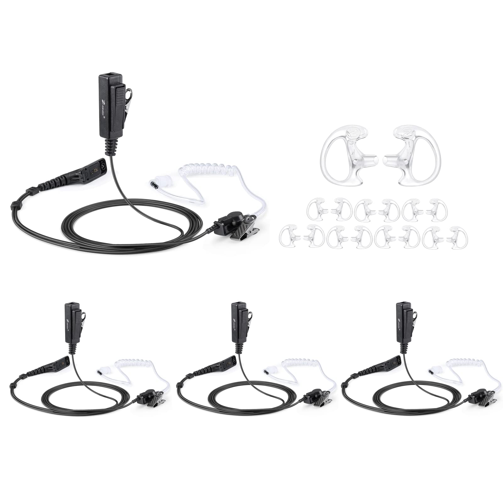 zeadio Surveillance Covert Air Acoustic Tube Headset, Push-To-Talk Microphone Headset with Earmold Earpiece for Motorola Multipin Two Way Radio Walkie Talkie (Pack of 4)